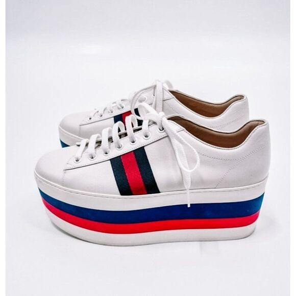Gucci Peggy Leather Signature Stripe Chunky Platform Sneakers Tennis Shoes 39 - Picture 2 of 12